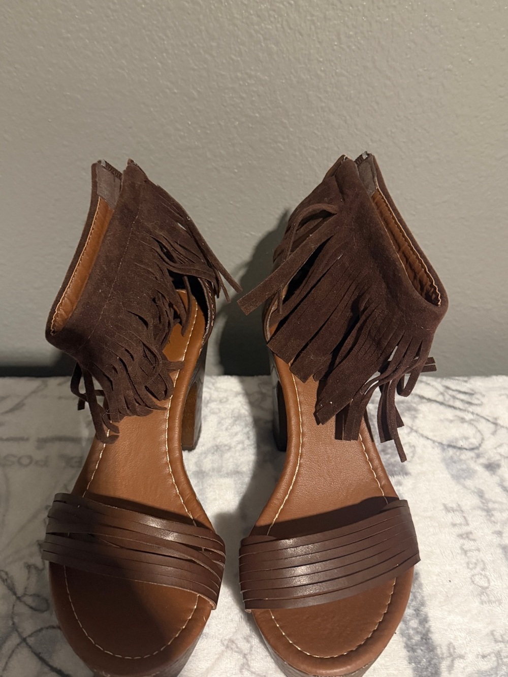 Forever Link Brown Fringe Suede Ankle-Strap Heeled Sandals